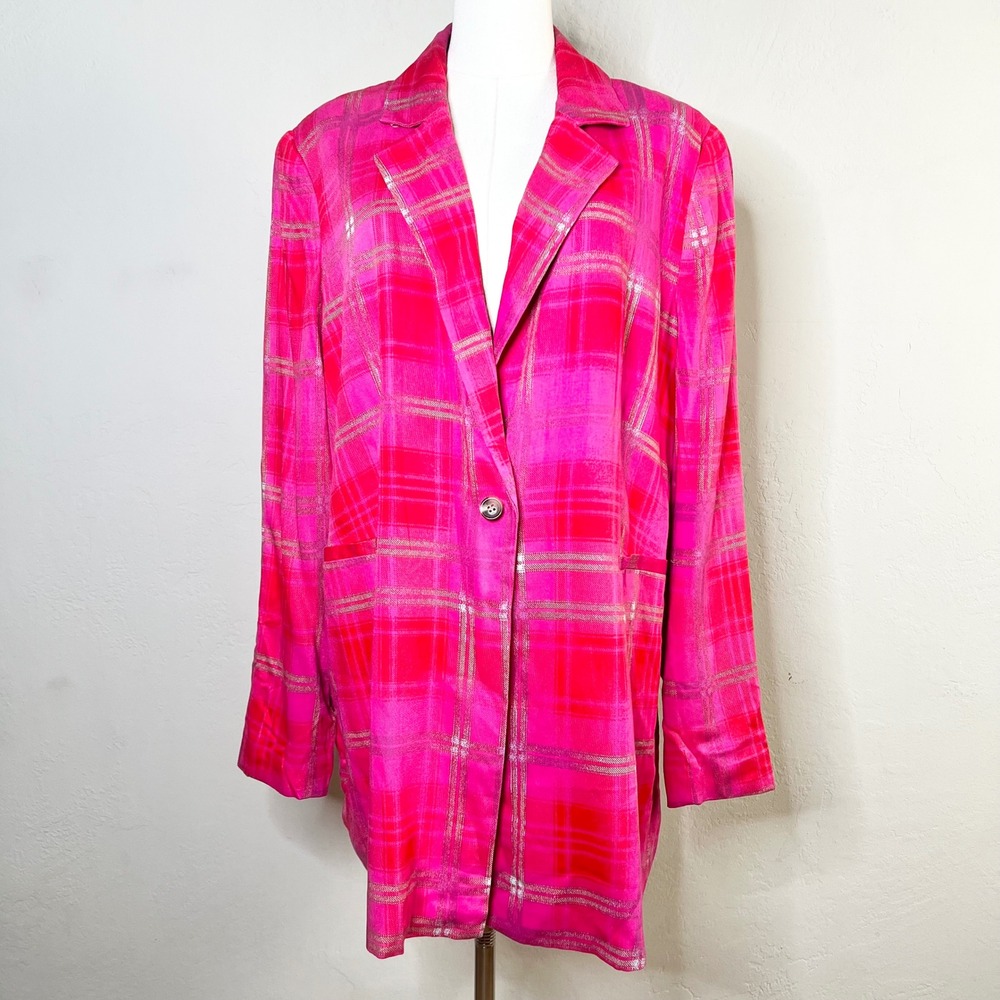 BP + WILDFANG Blazer Pink Rouge Collegiate Plaid Women Size 1X Rayon NEW